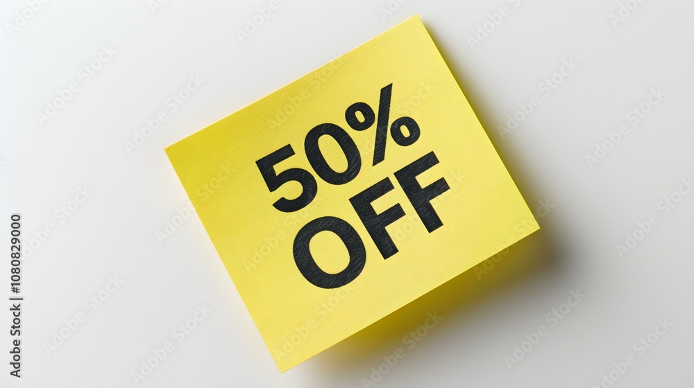 Black '50% OFF' Text on a Yellow Square Paper Note. White Background with Copy Space Black '50% OFF' Text on a Yellow Square Paper Note. White Background with Copy Space