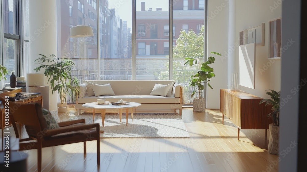 Fototapeta premium A bright, airy living room filled with natural light, featuring a neutral sofa, plants, and stylish decor, creating a cozy and welcoming atmosphere.