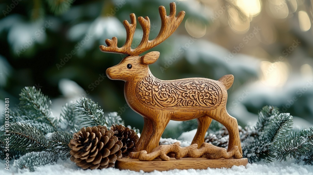 Fototapeta premium Intricately carved wooden reindeer figurine in snowy winter setting