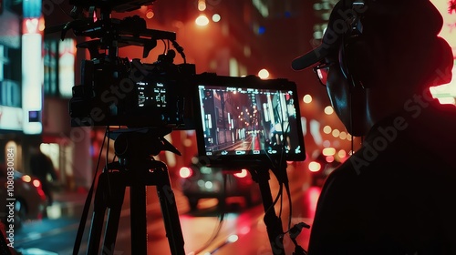 Behind the scene. Actor in front of the camera on the film set in film studio.