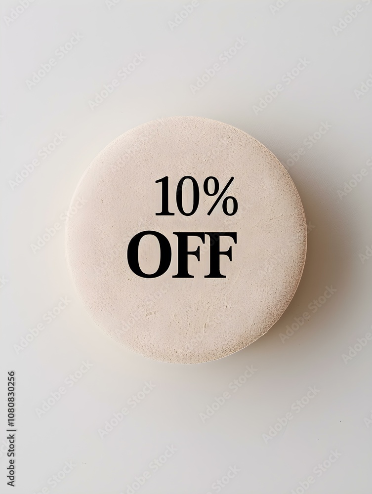 Black '10% OFF' Text on a Beige Round Paper Note. White Background Black '10% OFF' Text on a Beige Round Paper Note. White Background