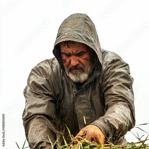 Man in muddy raincoat working in grass. photo