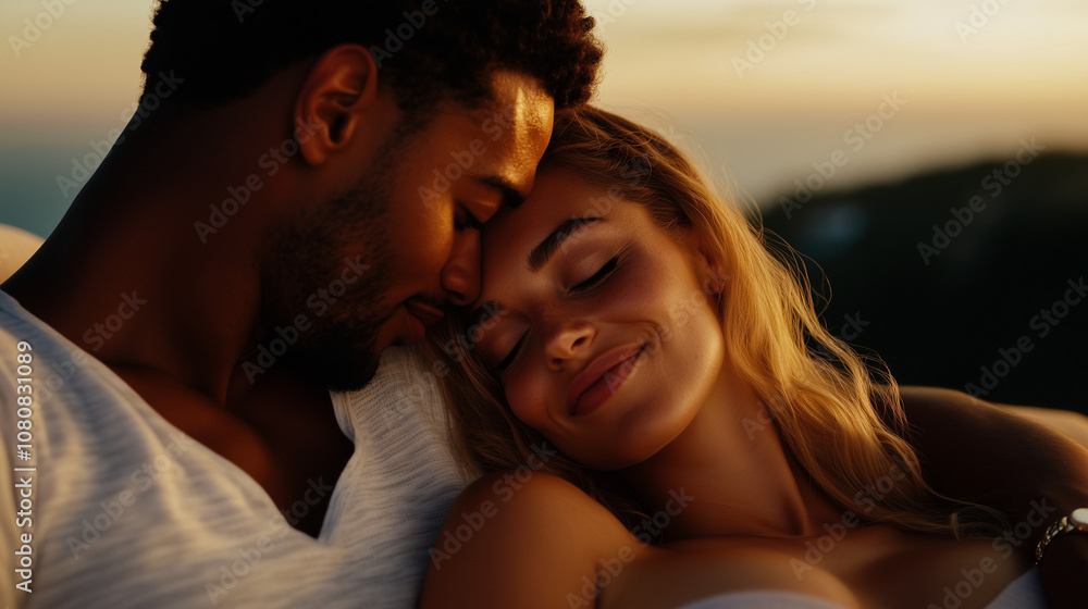 Couple embracing by the ocean during a golden sunset Couple embracing by the ocean during a golden sunset
