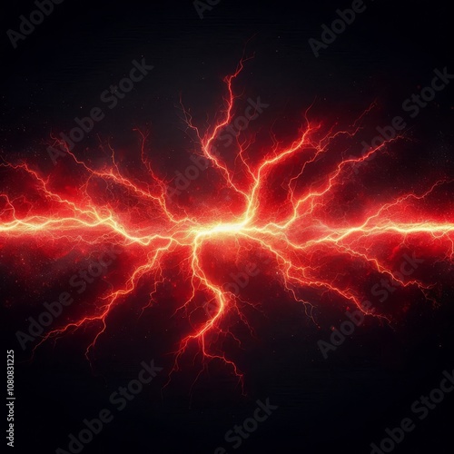 bright horizontal red lightning on black isolated background 