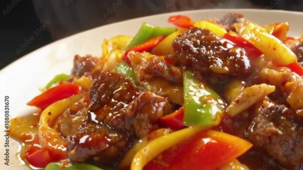 Cinematic 4K Side-Angle Close-Up of Sizzling Beef Stir-Fry with Peppers and Onions Cinematic 4K Side-Angle Close-Up of Sizzling Beef Stir-Fry with Peppers and Onions