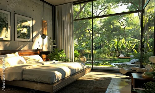 Art Moderne bedroom with sleek furniture, geometric patterns, and a panoramic view of a city skyline