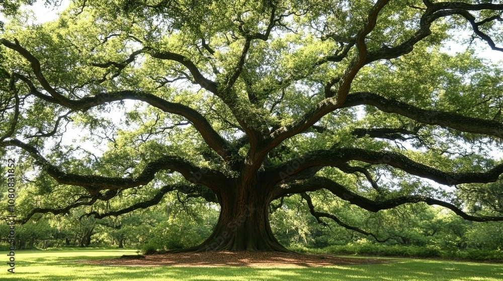 A Majestic Oak Tree with Sprawling Branches and Lush Foliage A Majestic Oak Tree with Sprawling Branches and Lush Foliage