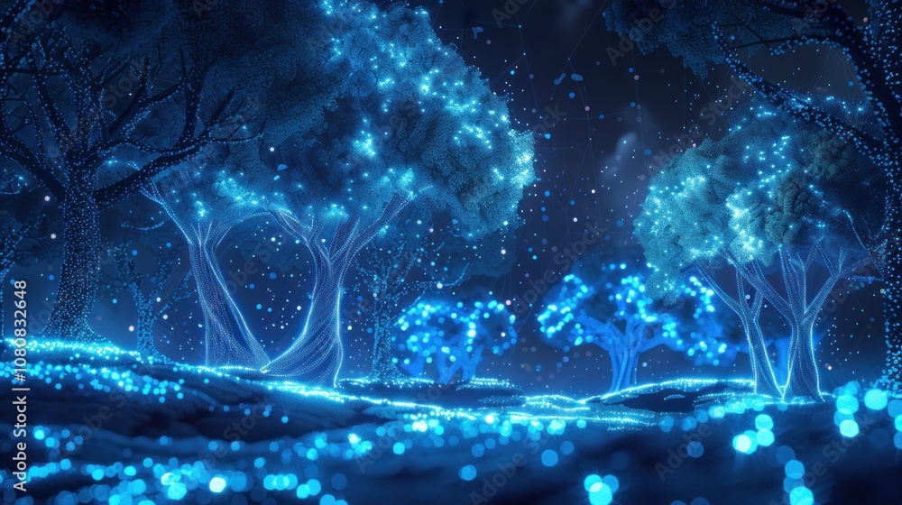 Fototapeta premium A magical forest at night with glowing blue trees and a starry sky.