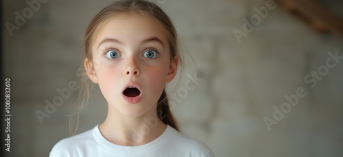 Surprised girl with wide eyes and open mouth, expressing shock or amazement. Young girl with freckles, long hair, wearing white t-shirt, indoor setting. photo