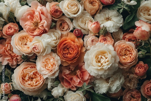 A close-up shot of a variety of peach, pink, and white roses, creating a beautiful floral background.