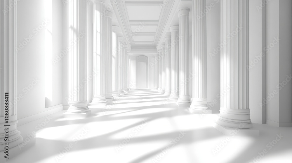 White Colonnade Hallway with Sunlight Streaks White Colonnade Hallway with Sunlight Streaks