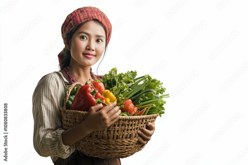 Woman holds wicker basket full of vegetables. Woman holds wicker basket full of vegetables.