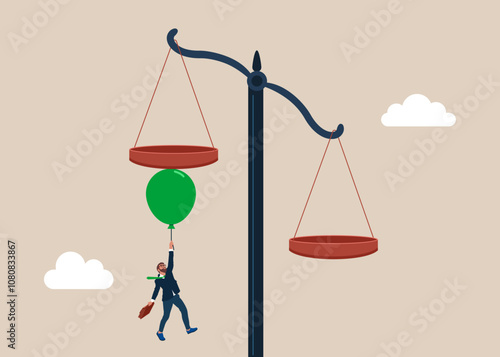 Excited businessman or lawyer floats with air balloon moving the balance in his favor. The product has increased in value. Principles and business ethic to do right things. Vector illustration. 