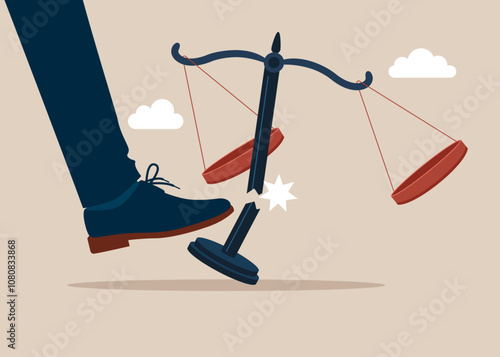 The leg businessman breaks the scales of justice. Fighting for changing legislation as a law scale for equality. Corruption and dishonesty.  Flat vector illustration