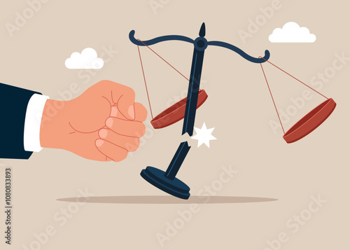 The fist breaks the scales of justice. Fighting for changing legislation as a law scale for equality. Corruption and dishonesty.  Flat vector illustration