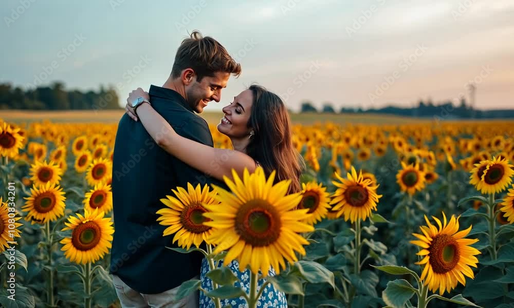 A romantic couple enjoys a sunset in a sunflower field during golden hour in summer A romantic couple enjoys a sunset in a sunflower field during golden hour in summer