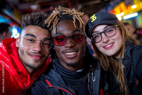 A group of friends taking a selfie together, with smiles and happy expressions, in a lively background photo