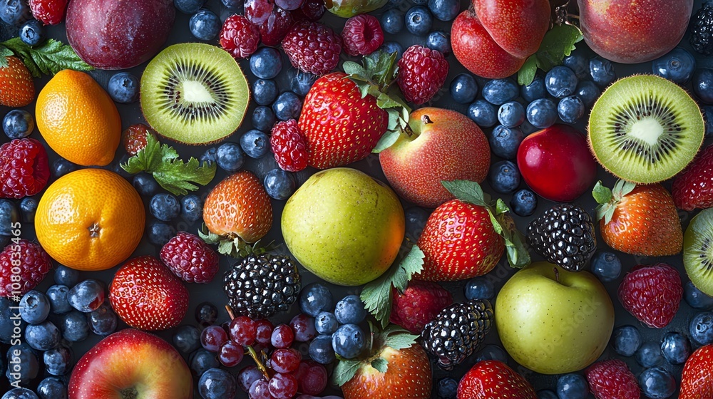 A colorful and vibrant collection of fresh fruit, including strawberries, blueberries, raspberries, blackberries, kiwi, peaches, apples, and oranges. A colorful and vibrant collection of fresh fruit, including strawberries, blueberries, raspberries, blackberries, kiwi, peaches, apples, and oranges.