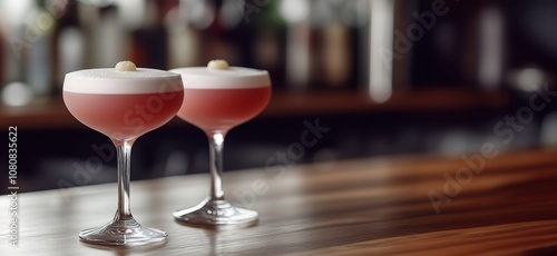 Cocktails on bar counter, elegant presentation, two glasses with frothy pink drink, garnished with white foam, blurred background of bottles