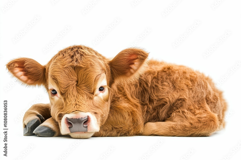 Young brown calf lying on white background. Young brown calf lying on white background.