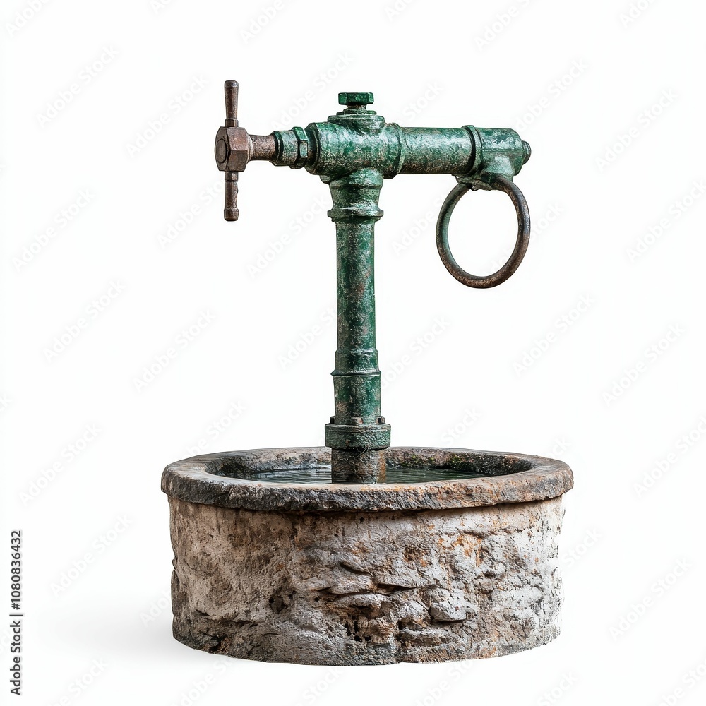 Rustic stone fountain with green metal spout. Rustic stone fountain with green metal spout.