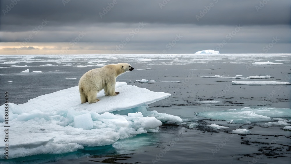 A polar bear stranded on a small ice floe in the middle of the ocean, symbolizing the effects of global warming and melting ice caps A polar bear stranded on a small ice floe in the middle of the ocean, symbolizing the effects of global warming and melting ice caps