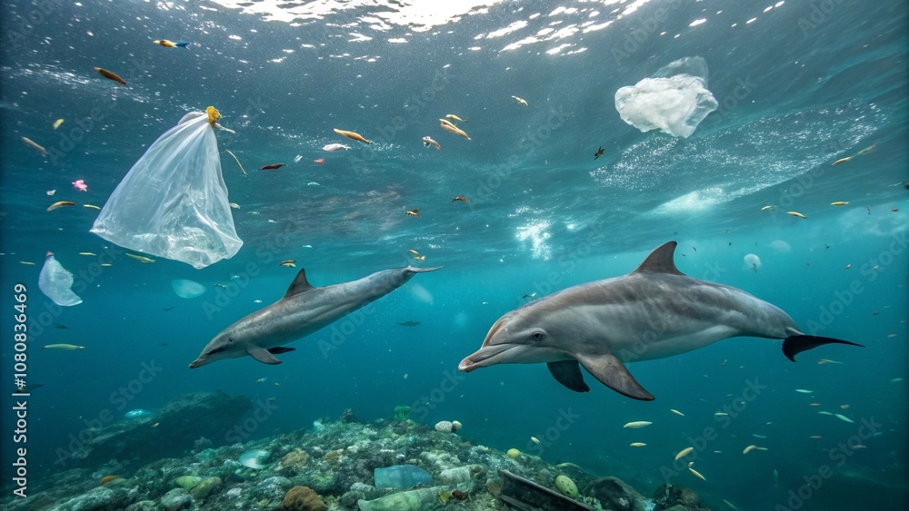 Fototapeta premium Dolphins navigate through a sea filled with floating plastic waste