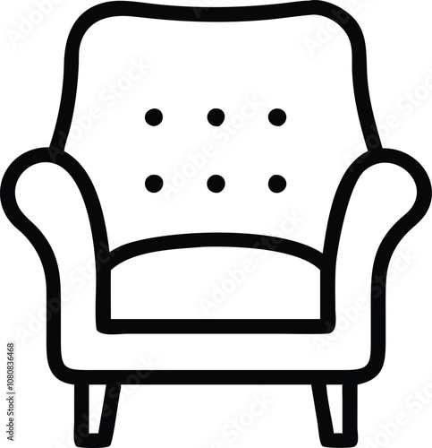 Armchair Outline Icon with Cushion Detail, Black and white outline illustration of a classic armchair with cushioned backrest, featuring a simple and cozy design.
