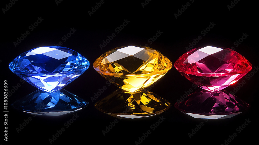 Three colorful gemstones glowing beautifully Three colorful gemstones glowing beautifully