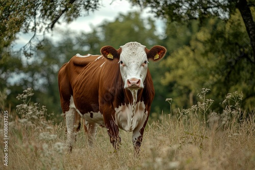Brown and white cow standing in tall grass.