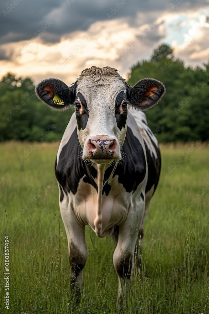 Black and white cow standing in green grass. Black and white cow standing in green grass.