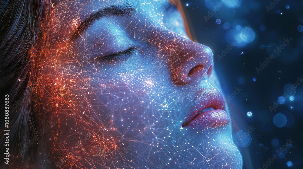This features close up of woman face with digital overlay of interconnected lines and glowing particles, symbolizing technology and facial recognition. serene expression evokes sense of calm and This features close up of woman face with digital overlay of interconnected lines and glowing particles, symbolizing technology and facial recognition. serene expression evokes sense of calm and