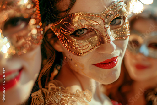 Elegant venetian masked woman in golden attire at a masquerade ball ai generative photo