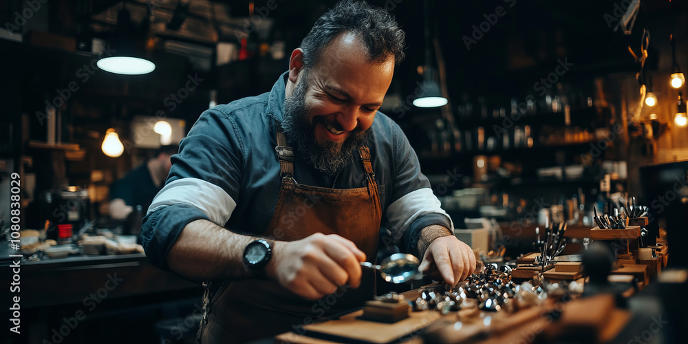 Craftsman working diligently in workshop, showcasing his skills with tools and materials. atmosphere is warm and inviting, reflecting passion and dedication to craftsmanship Craftsman working diligently in workshop, showcasing his skills with tools and materials. atmosphere is warm and inviting, reflecting passion and dedication to craftsmanship
