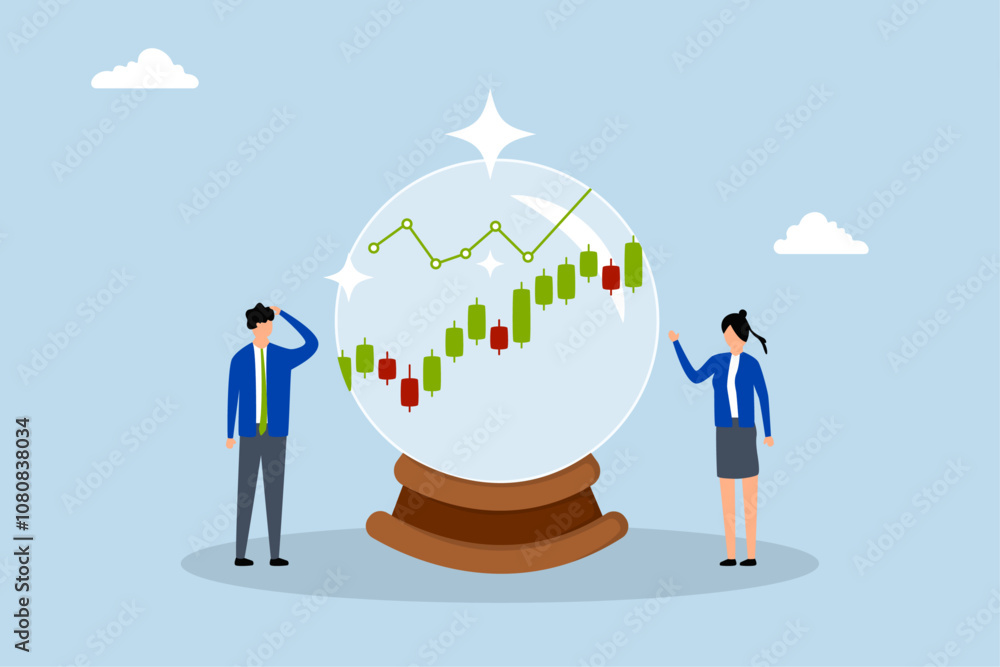 prediction, Business professionals examine a chart of the future market for the magic sphere. prediction, Business professionals examine a chart of the future market for the magic sphere.