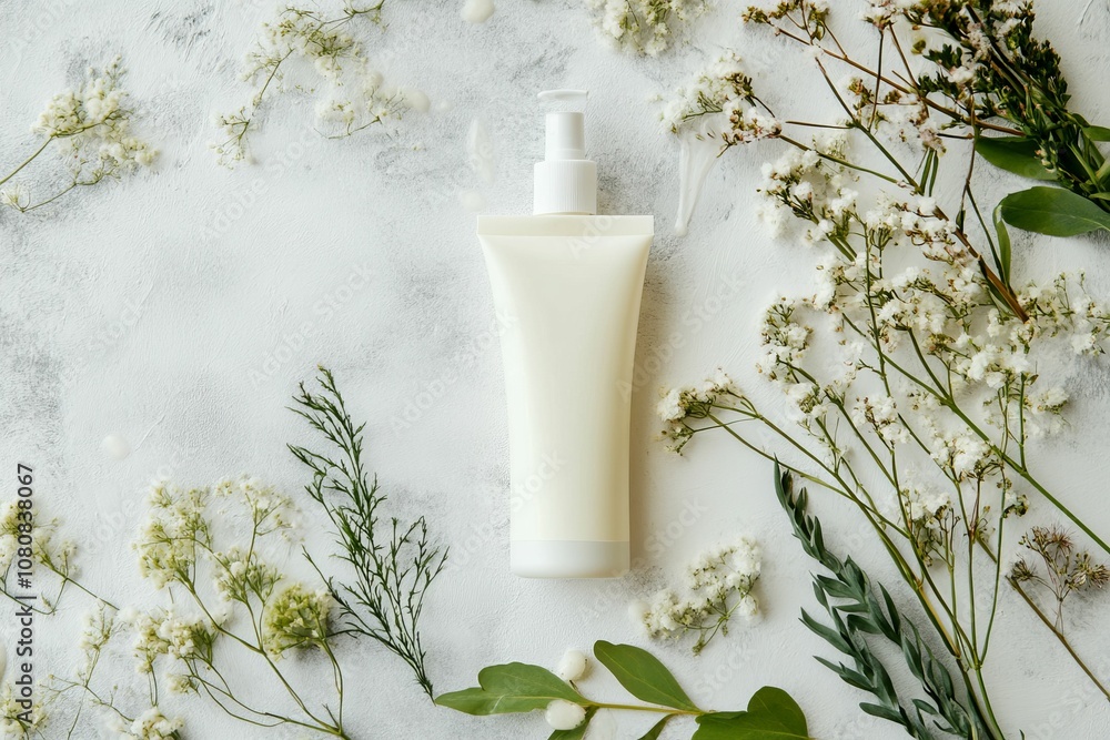 White bottle, green leaves, white flowers on gray. White bottle, green leaves, white flowers on gray.