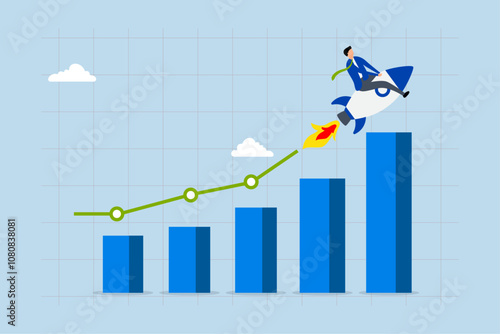 Business growth, businessman traveling on a rocket along growth chart 