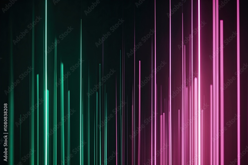 Fototapeta premium Enigmatic Dark Field with Vertical Strands of Emerald and Pink Light Creating an Abstract Bokeh Effect