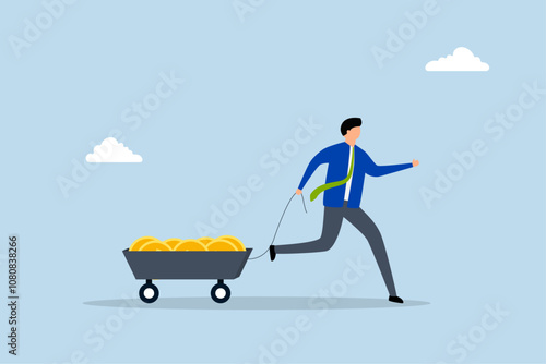 Success investor, rich and successful entrepreneur with heaps of cash golden coins in wagon. 