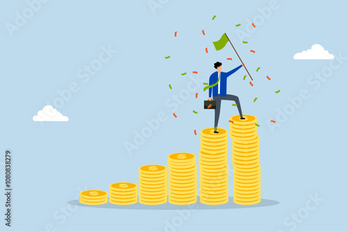 Financial success, successful entrepreneur waving a victory flag atop a pile of coins. 