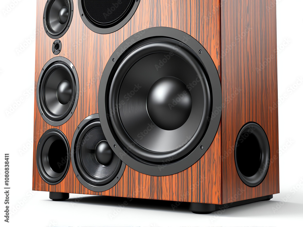 Stylish wooden speaker system with multiple drivers showcasing sound quality in a modern interior setting