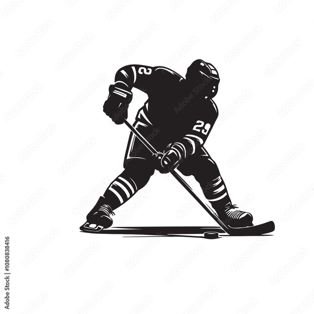 Obraz premium Ice Hockey player vector silhouette design. Hockey player logo, icon vector illustration. Ice hockey player silhouettes black and white.