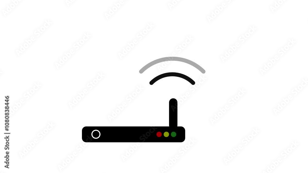 Black color router icon animation with waving signal icon on white background. Black color router icon animation with waving signal icon on white background.