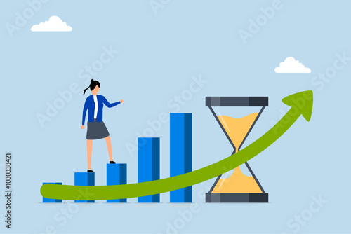 Time value of money, woman stroll up growth ascending graph with hourglass symbolizing time. 