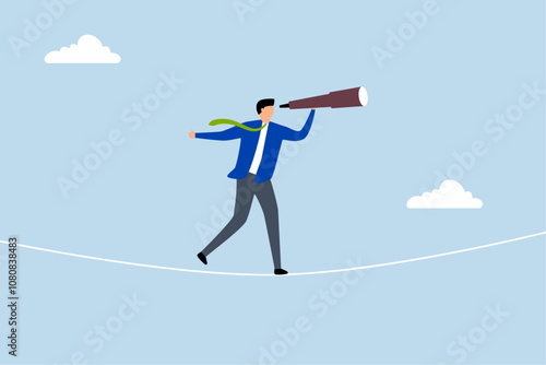 Searching for opportunity, entrepreneur looks through binoculars while balancing on perilous rope. 