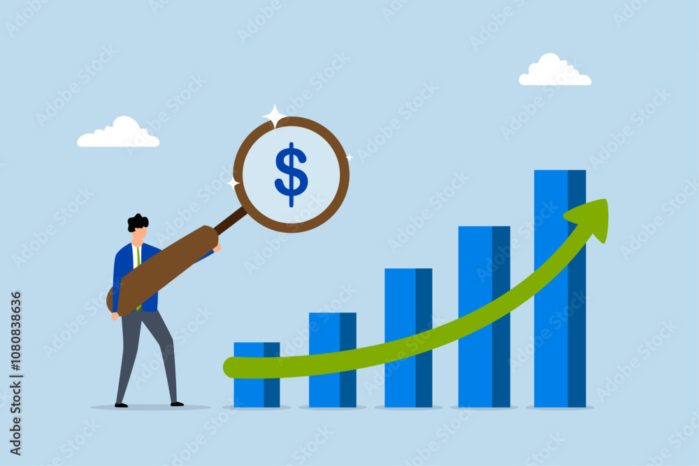 Revenue, businessman using a magnifying glass on a dollar symbol with an upward growth graph and chart. Revenue, businessman using a magnifying glass on a dollar symbol with an upward growth graph and chart.