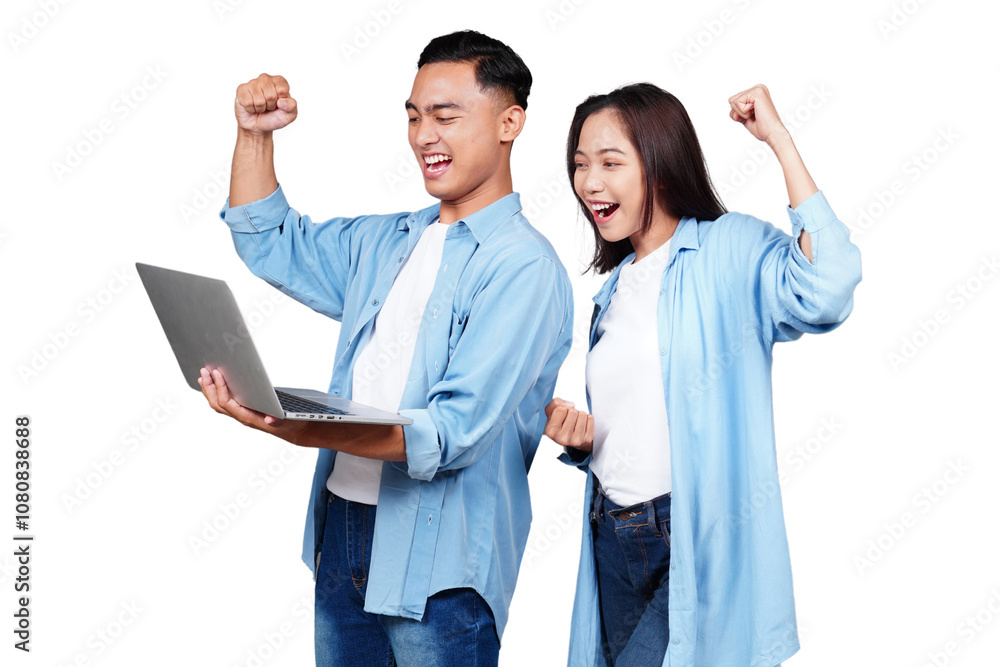 Asian man and woman with laptop isolated transparent Asian man and woman with laptop isolated transparent