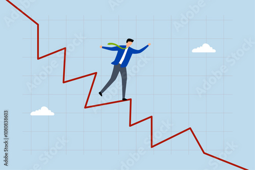 Investing in market downturn, businessman merchant juggler strolling on crimson downward trend chart. 