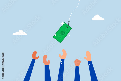 Fraud money, businessman reaches out, attempting to grasp fishing bait using a dollar bill.