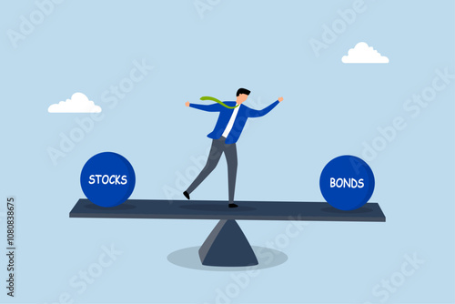 Stocks vs bonds in investment asset allocation, entrepreneur financier equilibrium in equities and debt instruments seesaw. 